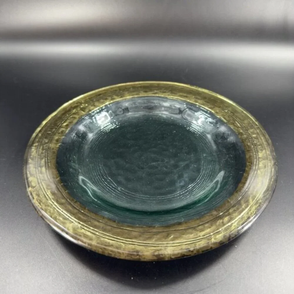 Vintage Italian Hand Made Fused Art Glass Plate Dish Transparent Green With Gold